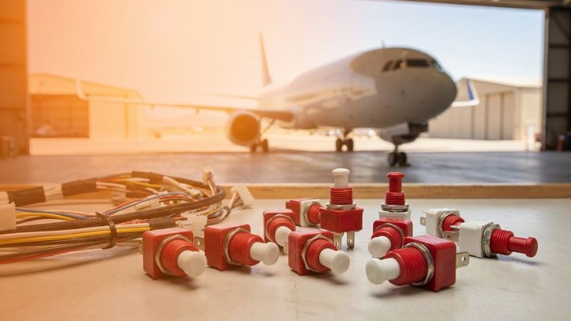 Red circuit breakers in aviation setting